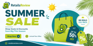 RetailsReview summer sale banner featuring up to 50% off, limited-time deals, and online shopping discounts.