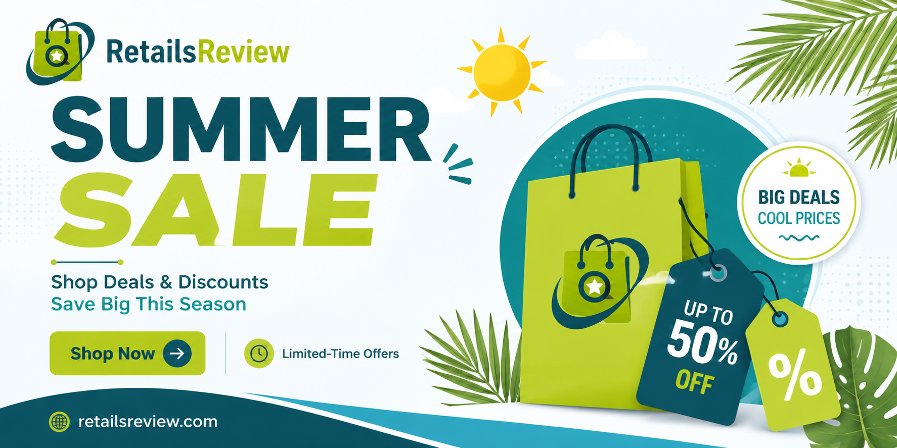 RetailsReview summer sale banner featuring up to 50% off, limited-time deals, and online shopping discounts.
